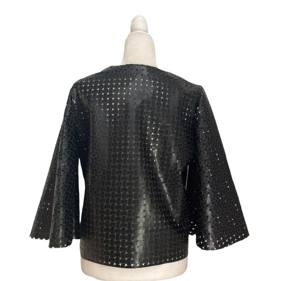 Faux Leather Basketweave Perforated Bell Sleeve Top Edgy Sculptural Minimalist - Picture 5 of 8